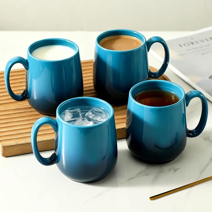 HASENSE 15oz Large Ceramic Mug Set, 4-Piece Blue Ombre Coffee Cups