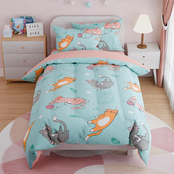 SANDJEST Cat Comforter Set Full for Girls, Ultra Soft Microfiber Bedding Sets with 4-Pieces, Cats Comforters Bed Sets for Kids Children Girl Bedroom Decor