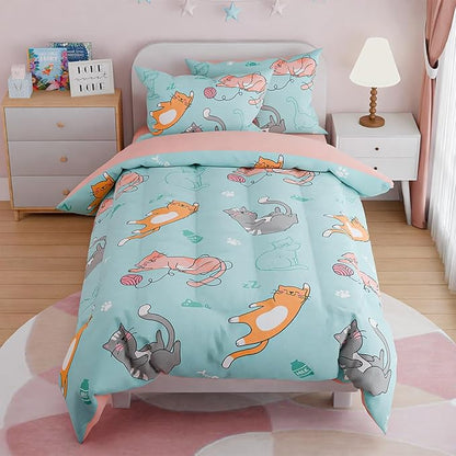 SANDJEST Cat Comforter Set Full for Girls, Ultra Soft Microfiber Bedding Sets with 4-Pieces, Cats Comforters Bed Sets for Kids Children Girl Bedroom Decor