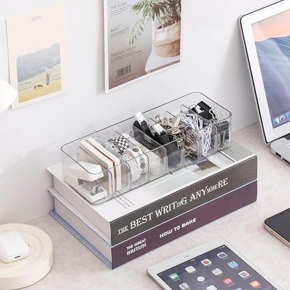 Yesesion Clear Plastic Cable Organizer Box with Adjustment Compartments, Desk Accessories Storage Case with 10 Wire Ties for Drawer, Office Supplies, Electronic Management, Battery and Charger