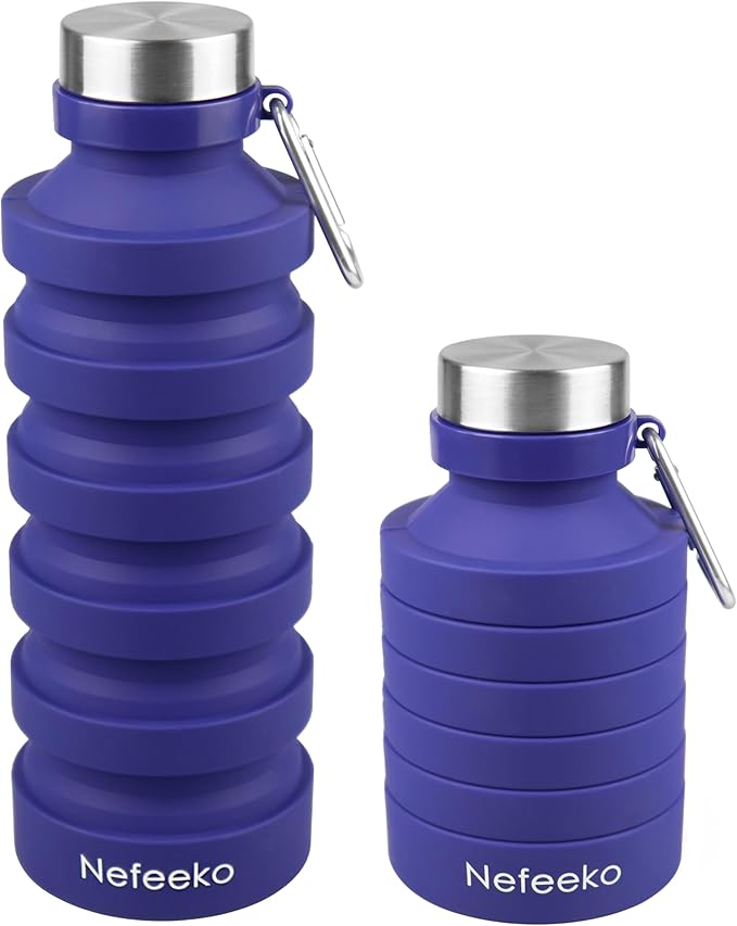 Nefeeko Collapsible Water Bottle, Reuseable BPA Free Silicone Foldable Water Bottles for Travel Gym Camping Hiking, Portable Leak Proof Sports Water Bottle with Carabiner