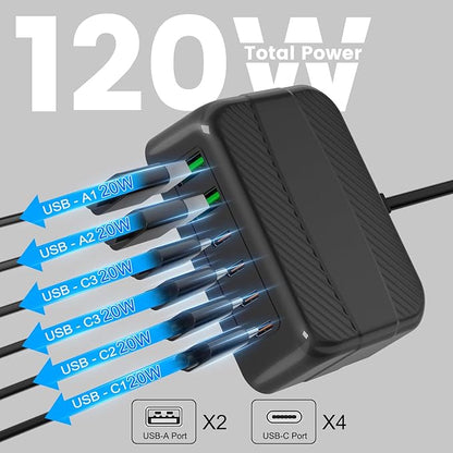 USB C Charger, BURUDU 120W 6 Port USB C Charging Station,Multiports with 4 USB C and 2 QC USB A,Portable PD Fast USB C Wall Charger for iPhone16/15/14/13/12/11 Pro Max,iPad,iWatch,Pixel Samsung Galaxy