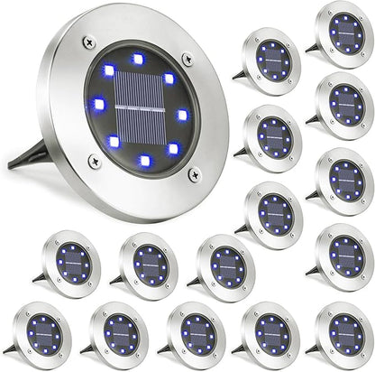 LYHOPE Solar Ground Lights Outdoor, 16 Pack 8 LED Solar Disk Lights Waterproof