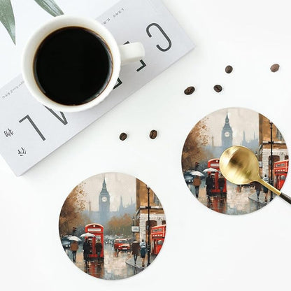 4Pcs Leather Coaster for Drinks London Impression Cup Coasters Aesthetic Drink