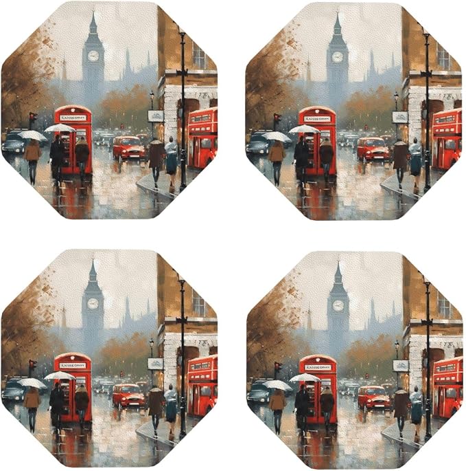 4Pcs Leather Coaster for Drinks London Impression Cup Coasters Aesthetic Drink