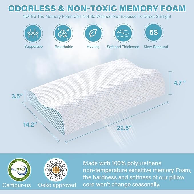 Neck Pillow Memory Bed Foam Pillows - Neck Support Pillow for Pain Relief, Ergonomic Cervical Pillow for Sleeping, Orthopedic Contour Bed Pillow for Side, Back, Stomach Sleepers,Blue