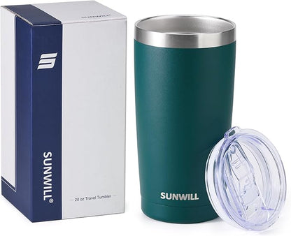 SUNWILL Travel Coffee Tumbler 20 oz, Insulated Mug with Lid, Stainless Steel Cup for Outdoor, Powder Coated Dark Green