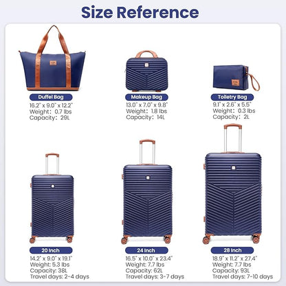 Hoteel 6 Piece Luggage Set (4-YEAR WARRANTY) Carry on ABS+PC Hard Shell Suitcase with Spinner Wheels & TSA Lock (Dark Blue)
