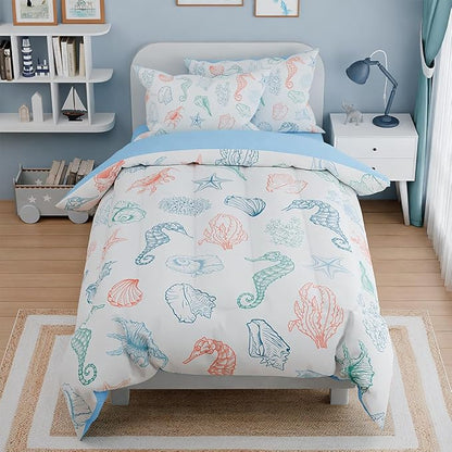 Kids Bedding Set for Girls Boys, Ultra Soft Microfiber Comforter Set Twin Size with 3-Pieces, Seashell Ocean Comforters Bed Sets for Kid Children Teen Tween Bedroom Decor
