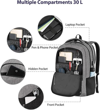 MATEIN 17 Inch Work Backpack for Men Women, Water Resistant Practical Travel Laptop Backpack with Trolley Sleeve, Casual College Daypack Laptop Compartment TSA Friendly, Grey Black