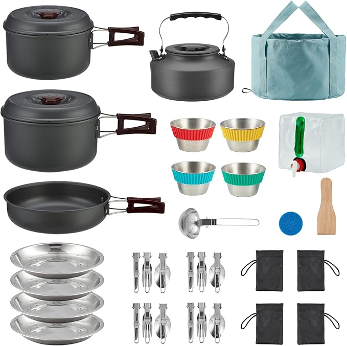 Bulin 24/13/11/8/4 PCS Camping Cookware Mess Kit Lightweight Backpacking Cooking Set Outdoor Cook Gear for Family Hiking, Picnic(Kettle, Pot, Frying Pan, Bowls, Plates, Spoon)
