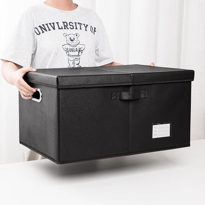 PRANDOM Collapsible Storage Box with Lid [1-Pack] Leather Fabric Foldable Storage Bin Organizer Container Basket Cube with Cover for Home Bedroom Closet Office Nursery Black (22.8X15.7X11.8)