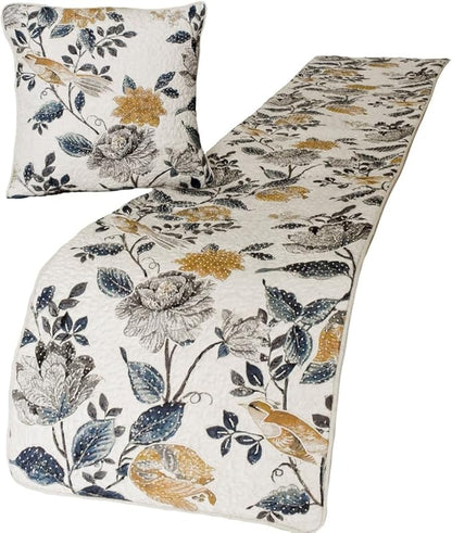 The HomeCentric King/Queen/Twin Blue & Ivory Decorative Full 68"x18" Bed Runner with Pillow Cover, Bird, Pearl & Quilted Bed Scarf on Linen Fabric - Vintage Birdena