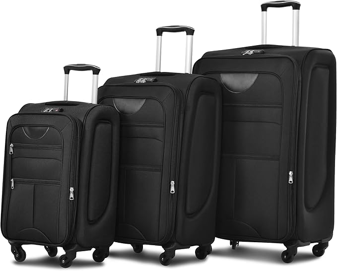 Merax Softside Luggage Set Softshell Lightweight 3 Piece Spinner Suitcase 22" 26" 30" Black