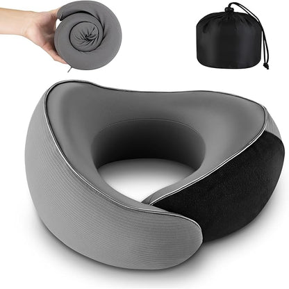 Adjustable Memory Foam Grey U-Shaped Travel Pillow with Luxurious Knitted Cotton Cover, Slow-Rebound Design for Airplane Travel and Neck Comfort, Perfect Traveler Gift