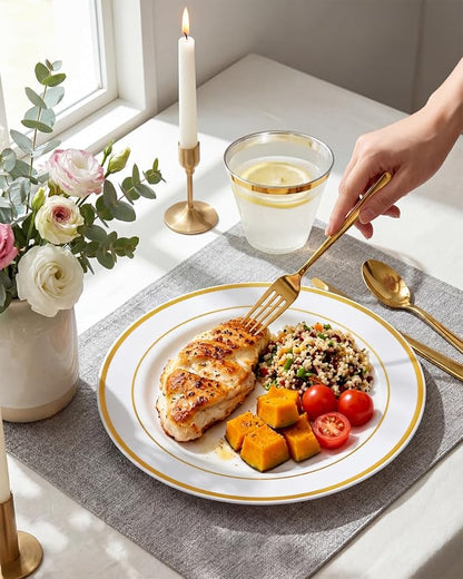 bUCLA 600Pcs White and Gold Plastic Plates
