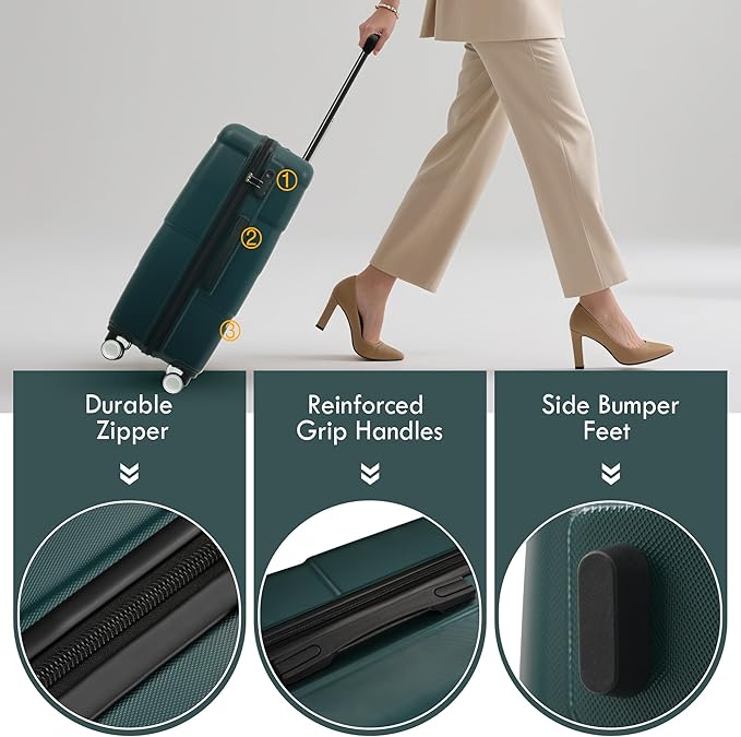 Merax Luggage Sets of 3 Piece Carry on Suitcase Airline Approved,Hardcase Suitcase Set with Double Spinner Wheels,Dark Green