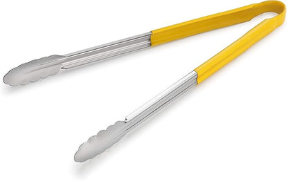 New Star Foodservice 35834 16-Inch Utility Spring Tongs, Stainless Steel, Vinyl Coated, Set of 12, Yellow