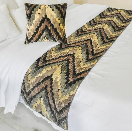 The HomeCentric King/Queen/Twin Beige Decorative Queen 74"x18" Bed Runner with 2 Pillow Cover, Abstract, Chevron, Quilted Bed Scarf on Suede Velvet Fabric - Paramount