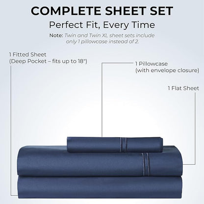 100% Natural Cotton Bed Sheets | 500 TC Single-Ply Sateen Weave Twin Sheets Set | Breathable & Hypoallergenic Solid 3-Piece Bedding with Deep Pocket Fitted, Flat, Pillowcase | Navy Blue