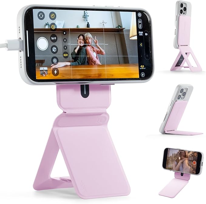 MOFT Phone Tripod Stand Selfie Stick for iPhone, Multi-Angles iPhone Stand, Lightweight & Portable Phone Holder, Strong Magnets, MOVAS Vegan Leather, Travel Essentials, Blush(Without Card Slot)