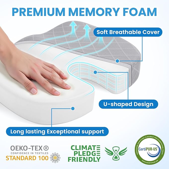 TushGuard Office/Car Seat Cushion, Non-Slip Sciatica & Back Coccyx Tailbone Pain Relief Chair Pad, Memory Foam Butt Pillow for Computer Desk, Wheelchair, Driving (Light Grey, X-Large)
