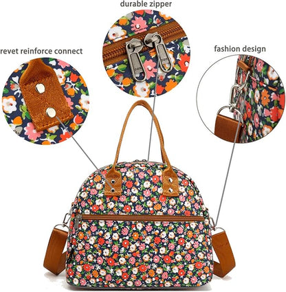 FlowFly Insulated Lunch Bag With Shoulder Strap for Women, Men, and Kids, Large and Reusable, Handle, Freezable Work and School Travel Tote and Meal Prep Organizer,Floral