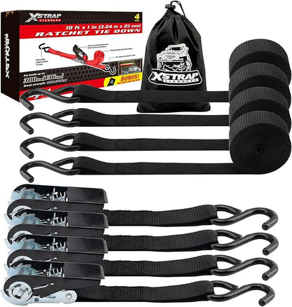 XSTRAP STANDARD Ratchet Tie Down Straps 4 Pk 10 Ft- 300 Lbs Load Cap- 900 Lbs Break Strength-Cargo Straps for UTV, ATV, Pickup,Truck, Moving Appliances, Lawn Equipment, Black