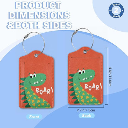 2 Pack Luggage Tags,Leather Suitcase Tags with Privacy Cover Name Address Labels& Durable Steel Loop for Men/Women Travel Bag Suitcases(Cute Cartoon Dinosaur)