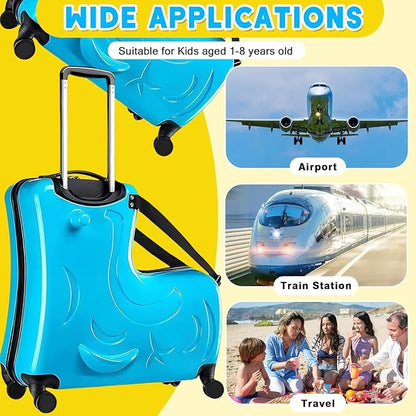20" Kids Ride on Suitcase,Childrens Ride on Luggage with Safety Belt,Trolley Suitcase with Silent Wheel Combination Lock,Suitable for Kids Aged 1-8 Years Old (Blue)