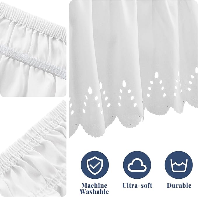 King Bed Skirt, Double-Layered Ruffled Eyelet Bed Skirt, Wrap-Around Elastic Dust Ruffle King Size with Gathered Styling and Embroidered Details, 18" Drop Length (White)