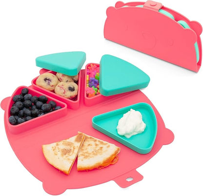 On-The-Go Snack Mat – Baby Silicone Travel Dining Placemat – Portable Silicone Toddler Plate – Reusable Snack Container with 3 Compartments and Lids for 6 Months + (Watermelon)