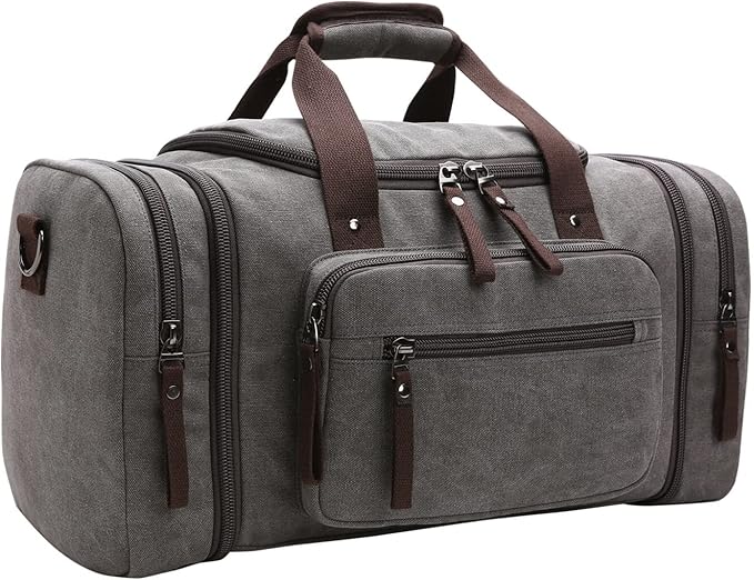 Duffle Bag for Travel, Large Canvas Duffel Bag for Travelling Overnight Weekender Bag Carry On Bag for Men Women Grey