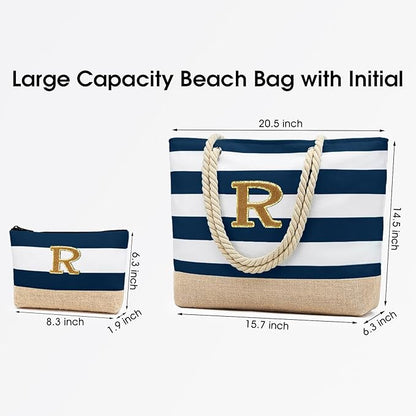 Becokan Beach Bag Initial Beach Tote with Makeup Bag for Travel Work Storage Personalized Birthday Gifts for Women Her