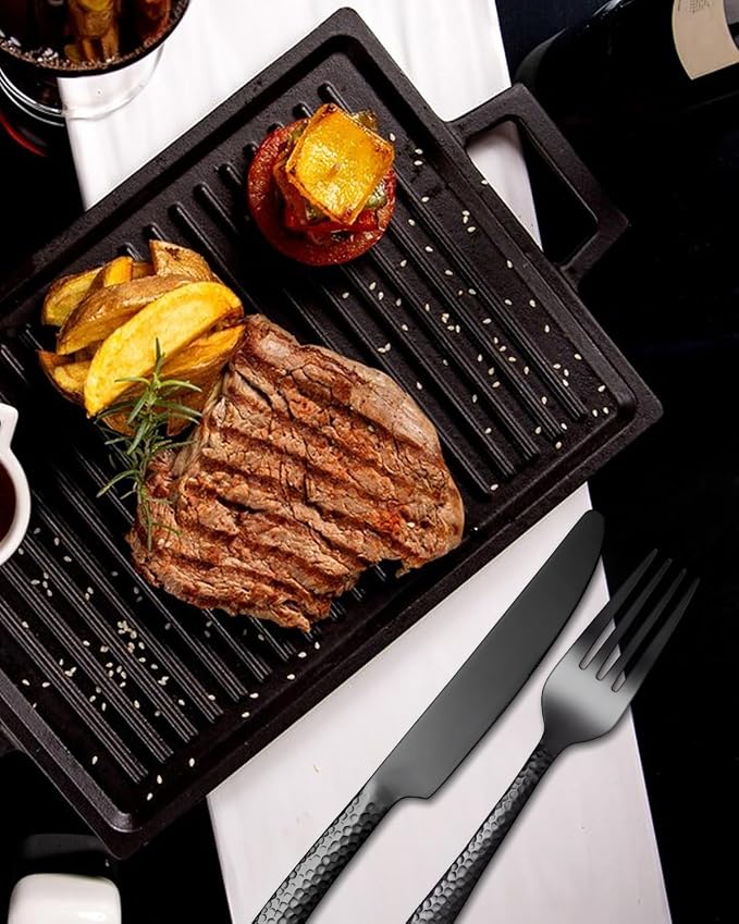 EUIRIO 40-Piece Black Hammered Silverware Set, Stainless Steel Black Flatware