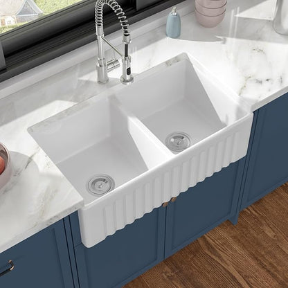 Dcolora Double Bowl Farmhouse Kitchen Sink Reversible Front Apron White Fireclay Ceramic Sinks Undermount Barn Sink 33"W×18"D×10"H,DC-A8871