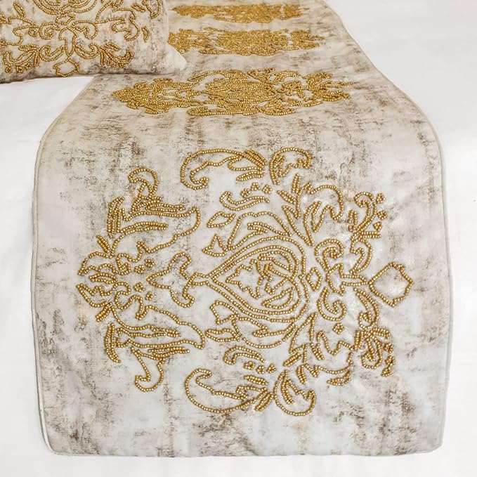The HomeCentric King/Queen/Twin Ivory & Gold Decorative King 90"x18" Bed Runner Without Pillow Cover, Beaded & Foil Bed Scarf on Silk Fabric - Foil Damask Gold