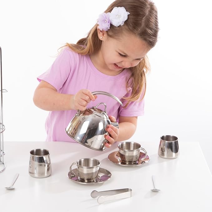 Melissa & Doug Stainless Steel Pretend Play Tea Set and Storage Rack