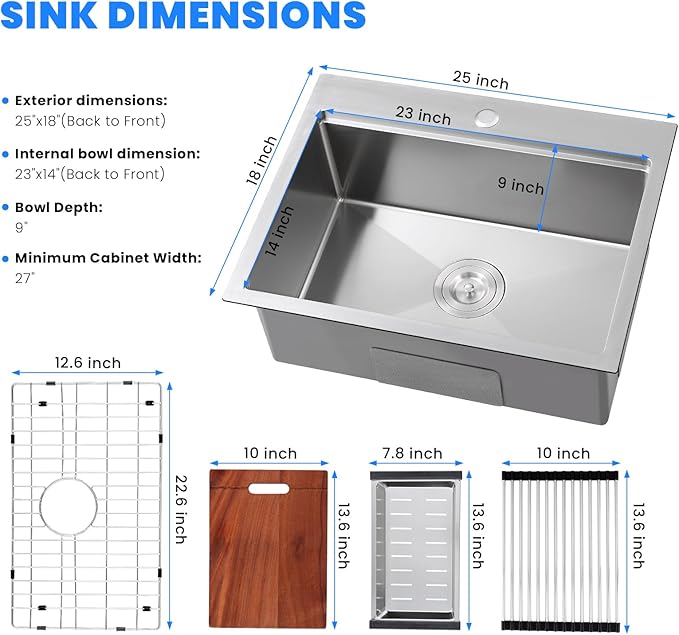POPFLY 25 Inch Drop In Kitchen Sink, 25×18 Drop In Workstation Sink 18-Gauge 304 Stainless Steel Single Bowl Top mount 9-Inch Deep Handmade Farmhouse Sinks with Cutting Board and Strainer, Brushed