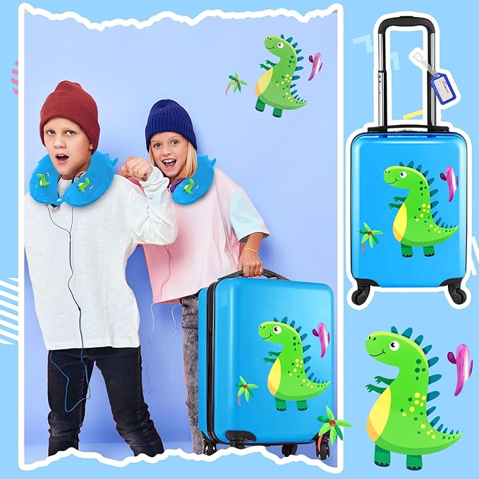 Sanwuta 4 Pcs Kids Luggage Set Kids Backpack Travel Rolling Suitcase with Wheels U-shape Pillow Childrens Gift for Girls Boys(17 Inch,Dinosaur Style,Blue)