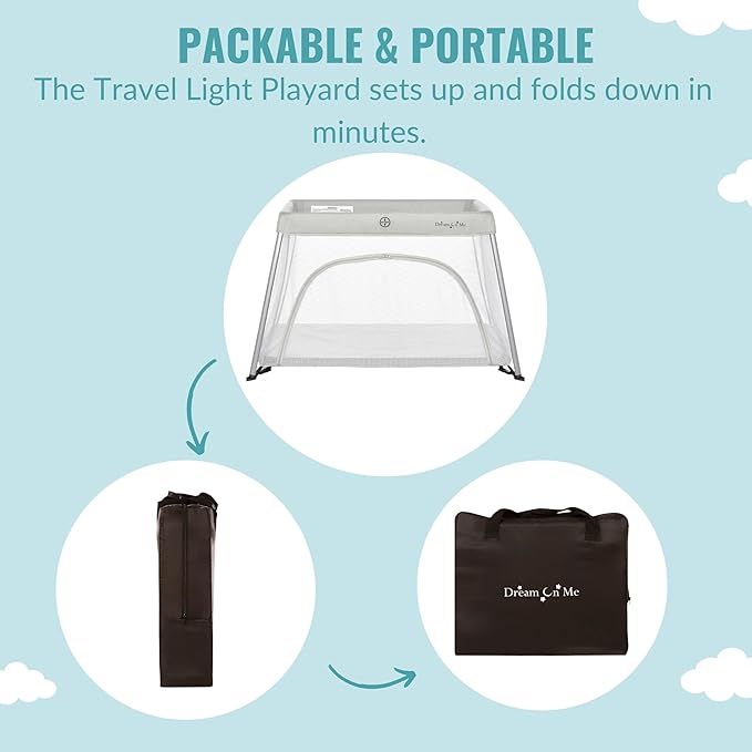 Dream On Me Travel Light Playard with Mesh Zipper Door in Grey