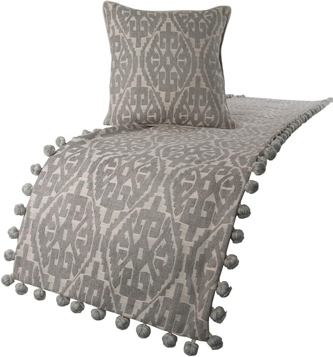 The HomeCentric Grey Bed Runner, King Size 90"x18" Decorative Bed Runner with 2 Matching Pillow Cover, Grey Cotton Bed Scarf in Aztec Pattern with Tassels - Grey Aztec