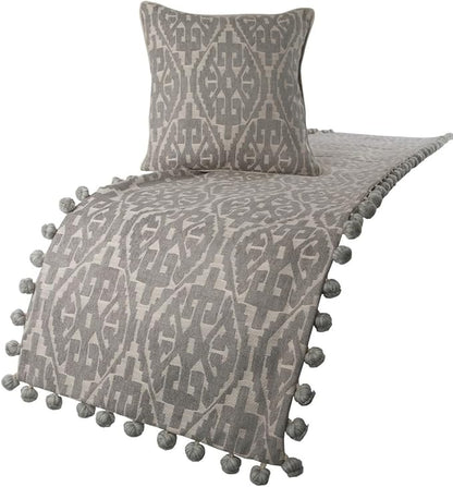 The HomeCentric Grey Bed Runner, King Size 90"x18" Decorative Bed Runner with 2 Matching Pillow Cover, Grey Cotton Bed Scarf in Aztec Pattern with Tassels - Grey Aztec