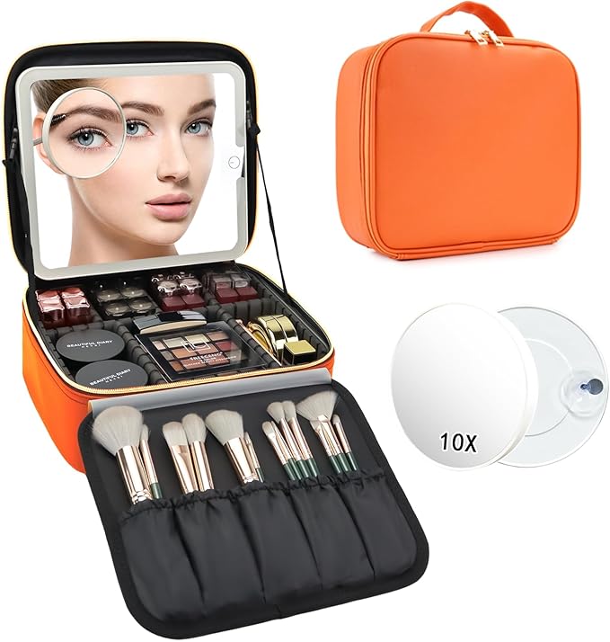 Travel Makeup Bag with LED Mirror and 10x magnifying glass with 3 Lighted Settings, Adjustable Dividers and Makeup Brush Storage Bag Orange