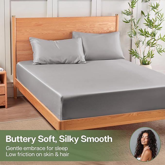 MR&HM California King Fitted Sheet, Ultra-Soft Rayon Derived from Bamboo & Polyester Blend, Silky & Breathable, 15" Deep Pocket with Elastic Straps, Cooling Fitted Sheet for Hot Sleepers, Silver Grey