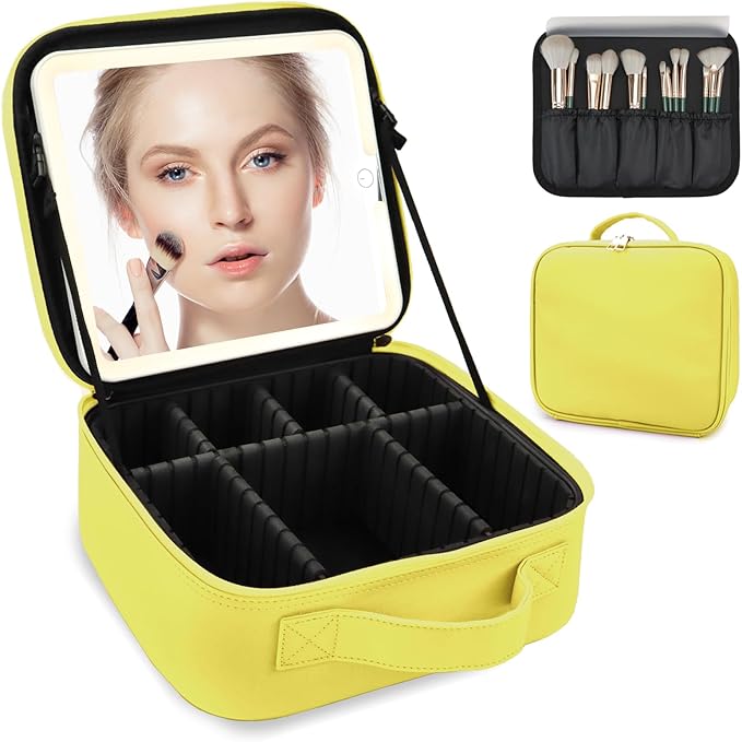Travel Makeup Bag for Women and Makeup Artists Cosmetic Organizer Large Makeup Case,Travel Makeup Bag with Mirror 3 Color Setting,Portable Storage and Adjustable Dividers(yellow)