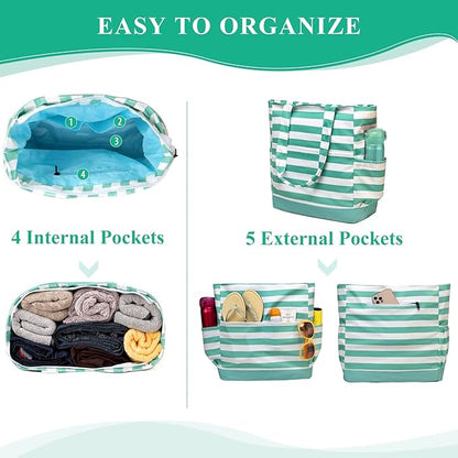 VASCHY Beach Bag for Women, Large Waterproof Sandproof Fold-able Packable Pool Tote Bag w Zipper/Pockets
