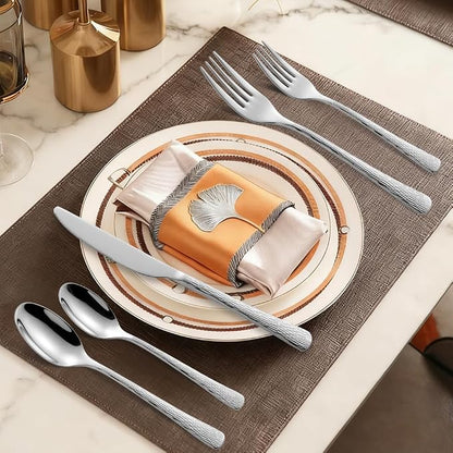 Black Hammered Silverware Set, Heavy Duty Flatware Set, 18/10 Stainless Steel
