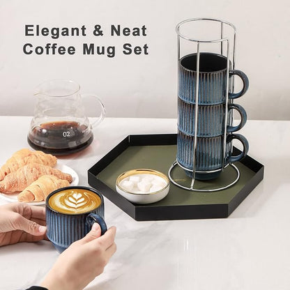 Hasense Navy Coffee Mugs Porcelain Set of 4 - 12 oz Stackable Coffee Cups