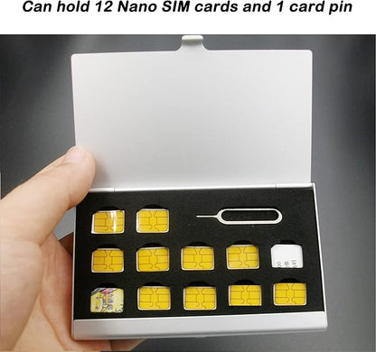 Aluminum SIM Card Case, Universal Waterproof Slim Mini Card Slots Storage Case, Sim Card Travel Case Can Hold 12 Nano SIM Card &1 Cell Phone Eject Pin Slots (Silver) + 1 Card Pin